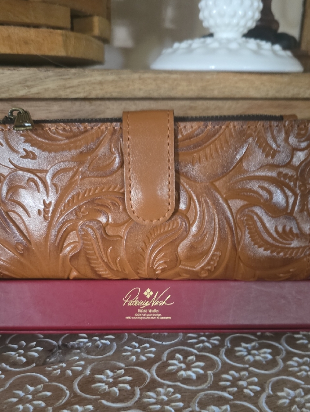 Patricia Nash Caramel Tooled Leather Bilfold Wallet with Snap Tab.